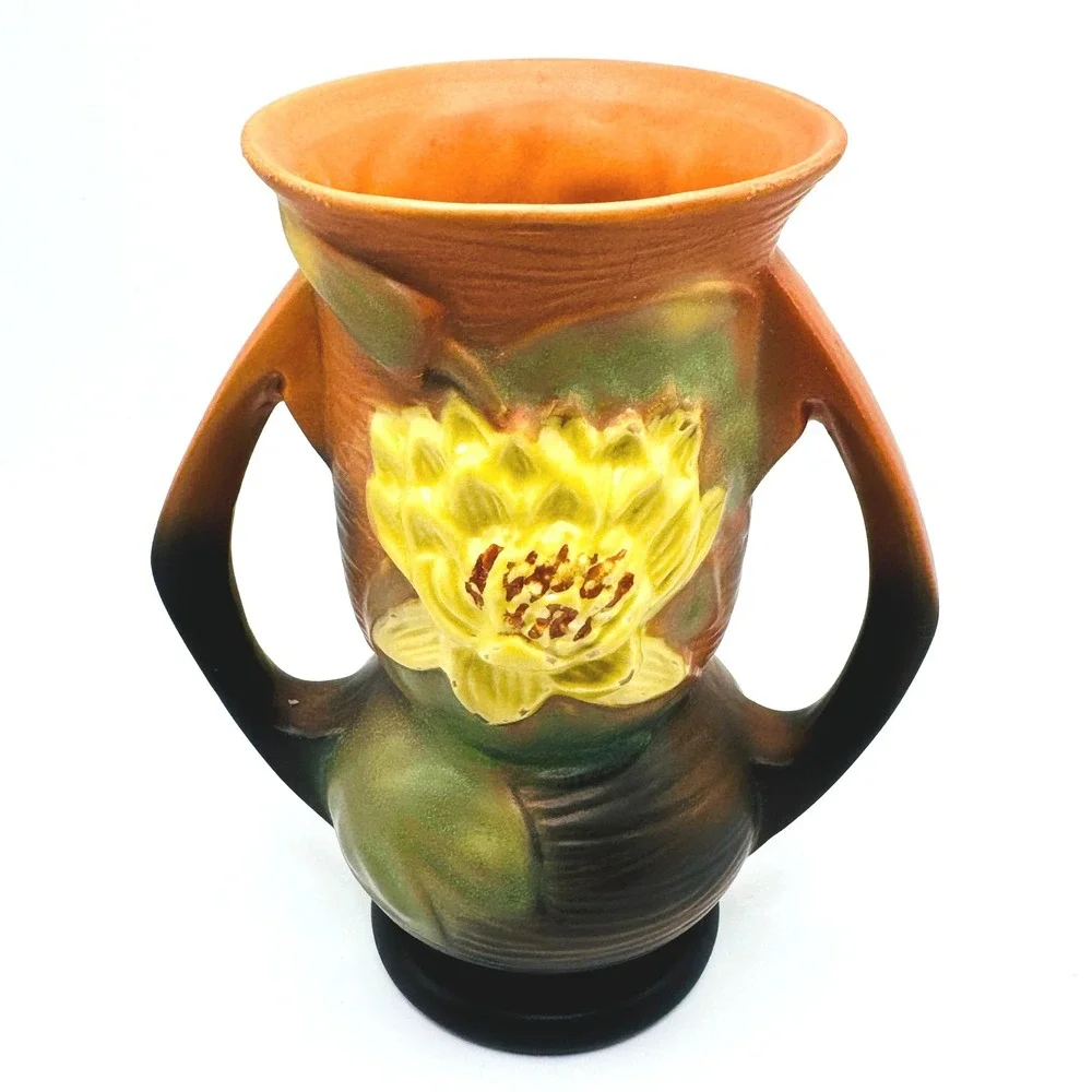 Roseville Water Lily 74-7 Vase Brown Green Yellow 1943 Art Pottery USA 7.25